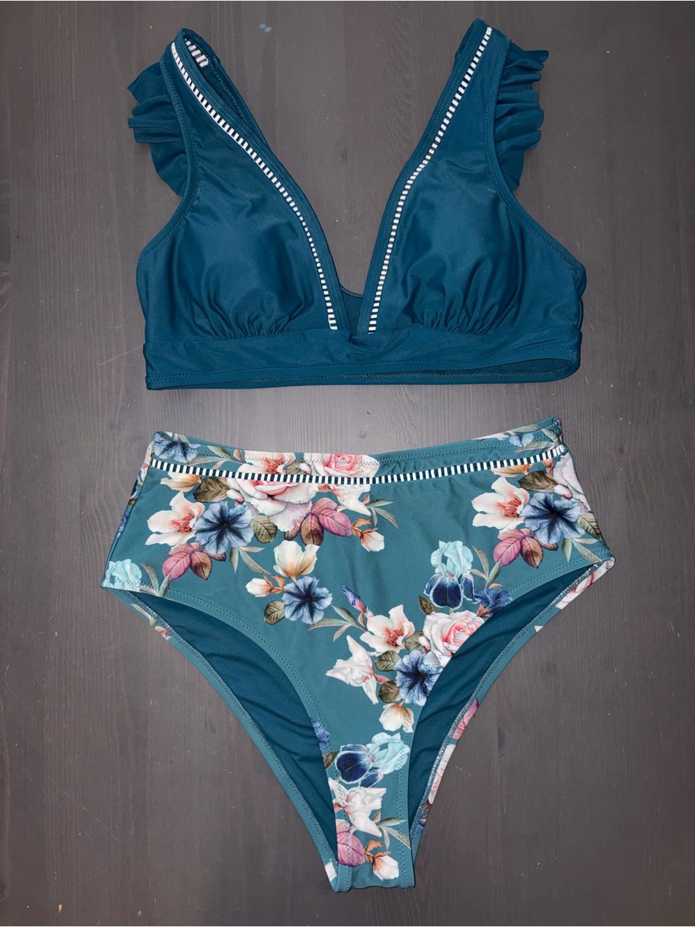 Teal Floral High-Waist Bikini Set